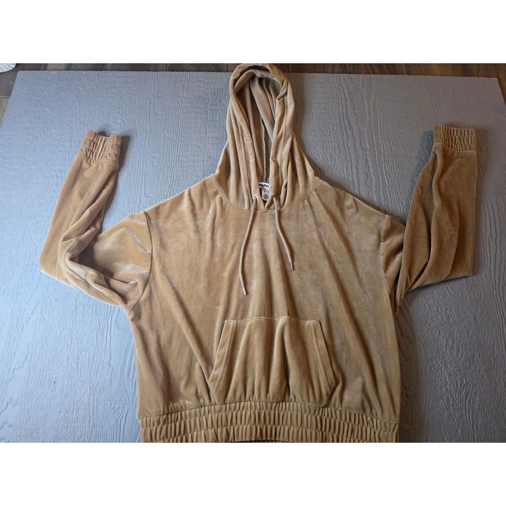 Charlotte Russe Tan Velour Cropped Hoodie Smocked Hem Pullover Size Large